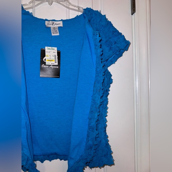 ONCE AGAIN Cardigan Size Small Peacock Blue Short Sleeve 2D Floral Print Ruffle - Picture 15 of 15